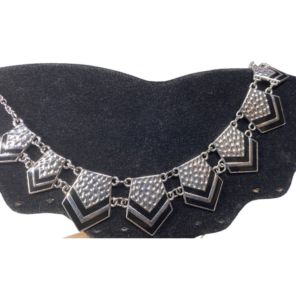 Black Enameled Textured Panel Chevron-Style Chain /Marcasite drop MCM Necklaces